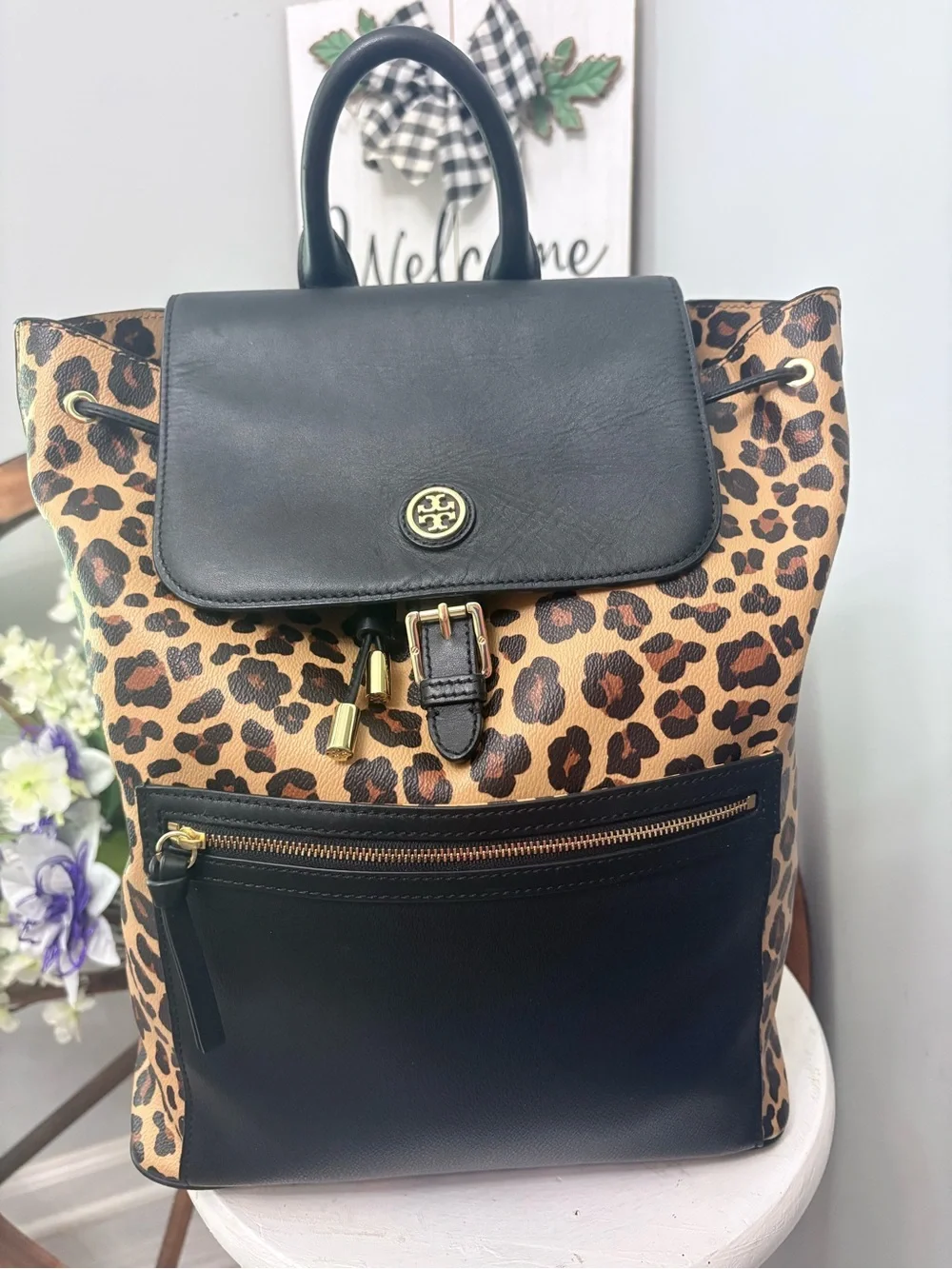 🖤🤎 TORY BURCH Leopard Print Backpack with Black Trim